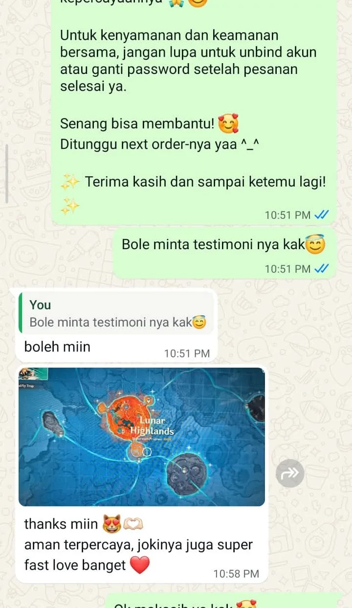 Bukti chat testimoni Joki Map Frostmoon Genshin Impact Nandayostore r***i