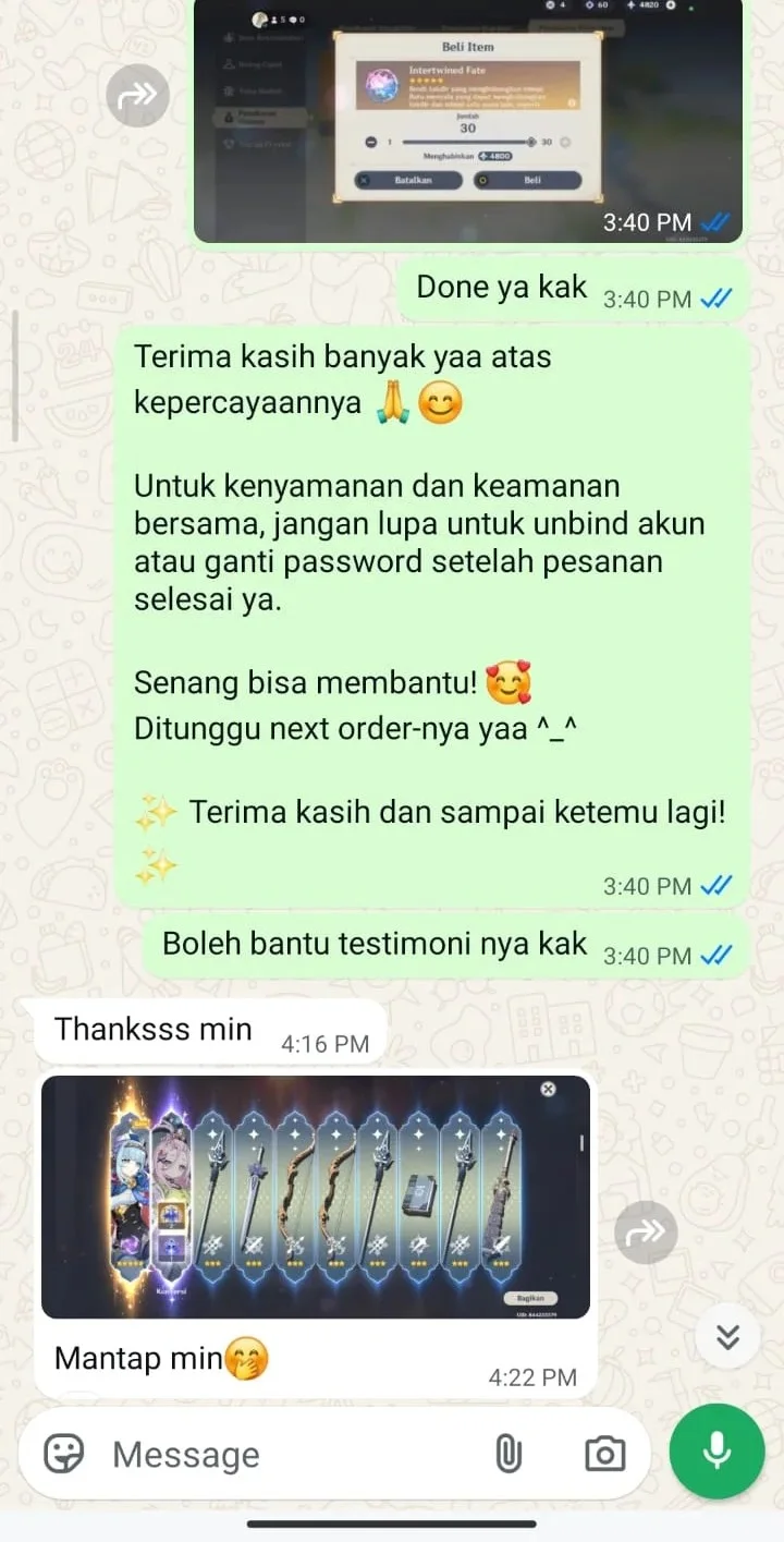 Bukti chat testimoni Joki IF Speedrun Genshin Impact Nandayostore e***a